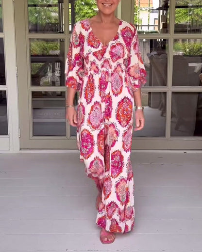 Printed deep V three-quarter sleeve wide leg jumpsuit jumpsuits & rompers spring summer