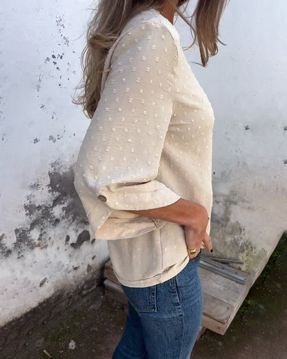 Long-Sleeved Round Neck Solid Color Blouse
