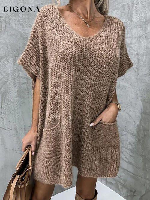 V-Neck Short Sleeve Sweater with Pockets Taupe A@Y@M clothes Ship From Overseas