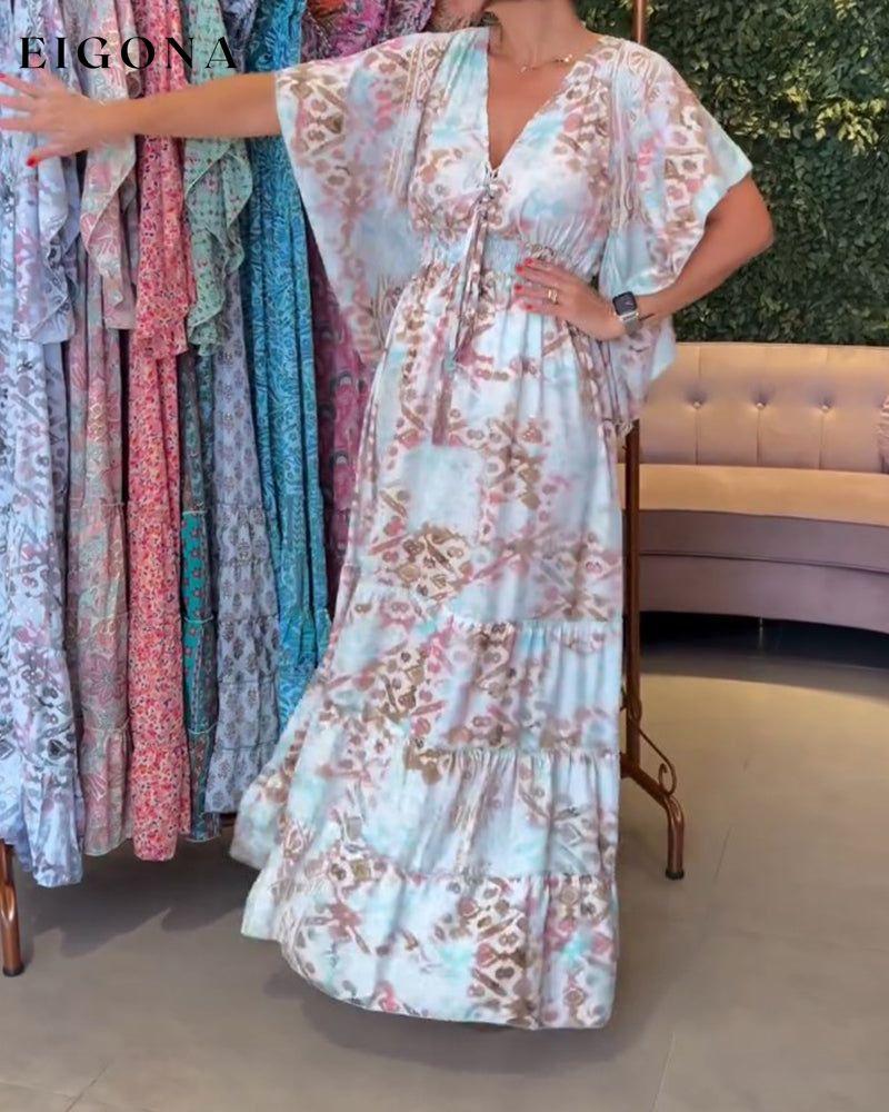 V-neck printed butterfly sleeve long dress casual dresses spring summer