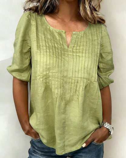 Solid Color V-Neck Puff Sleeve Blouse