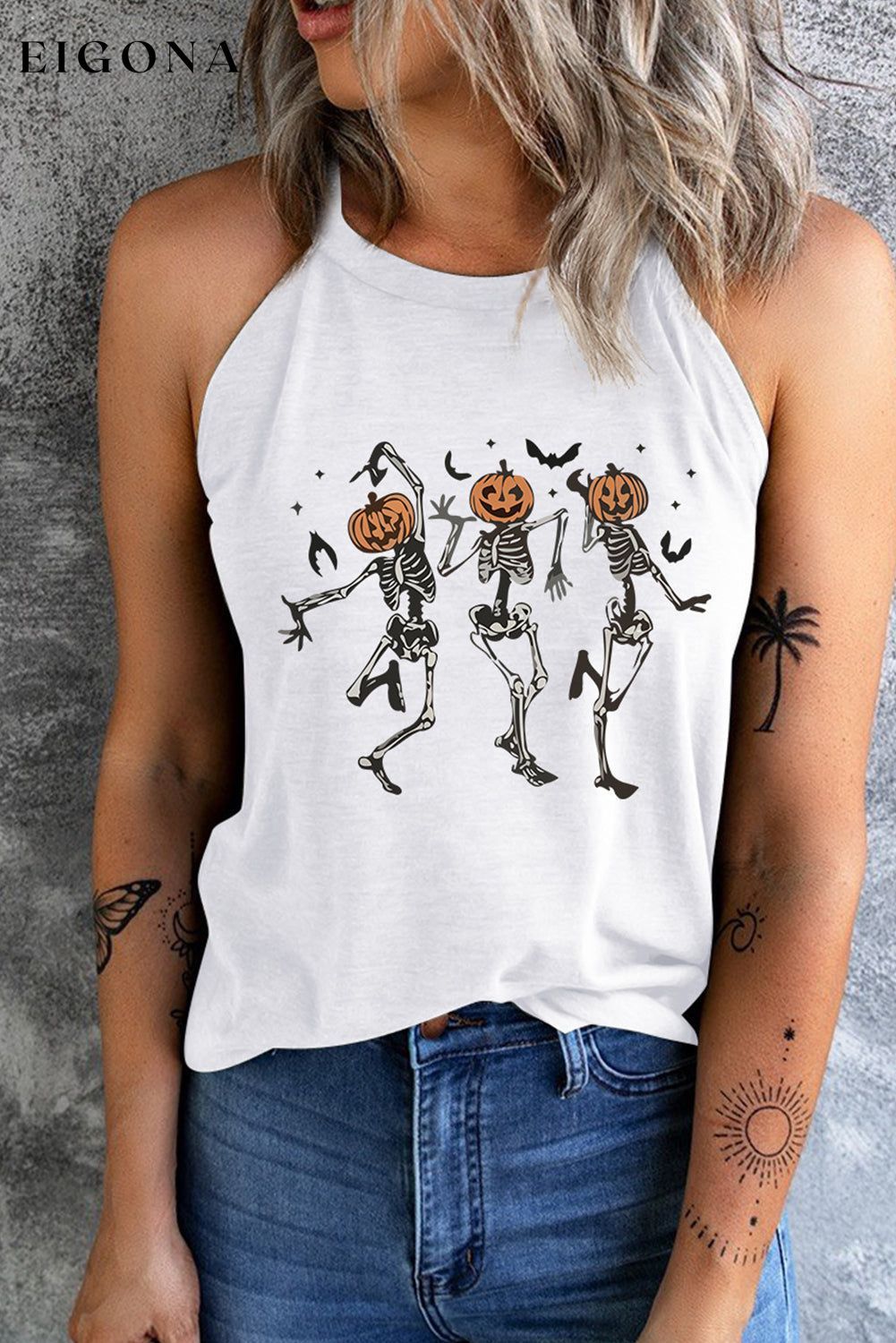 Round Neck Dancing Pumpkin Head Skeleton Graphic Tank White clothes Ship From Overseas shirt SYNZ t-shirt topn trend