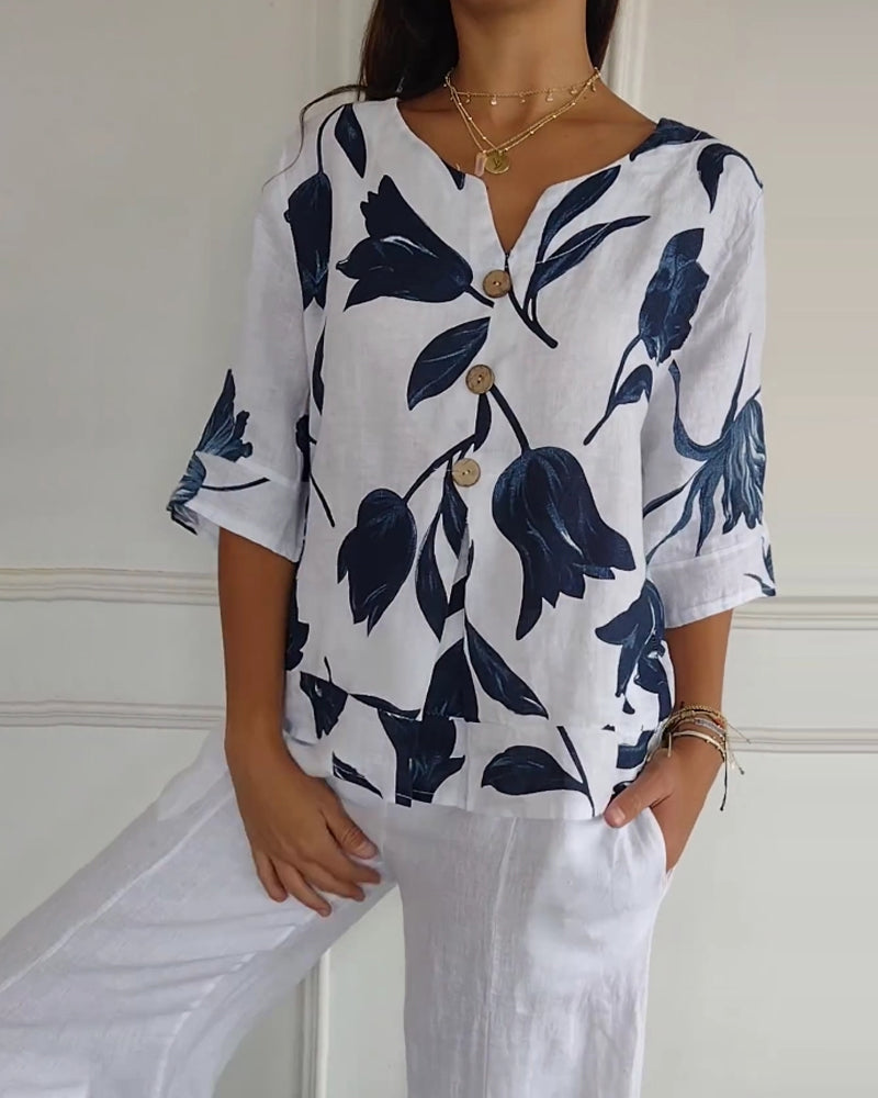 Button-Down-Oberteil aus Baumwolle und Leinen mit Blumendruck