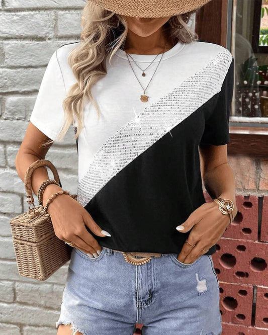 Round Neck Contrast Color Versatile T-Shirt