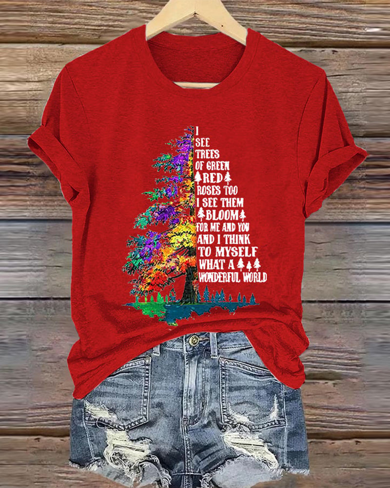 Women'S Retro Hippie Christmas I See Trees Of Green, Red Roses Too I See Them Bloom For Me And You And I Think To Myself What A Wonderful World Print T-Shirt christmas summer t-shirts