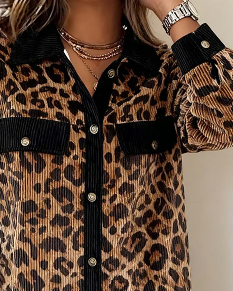 Lapel Leopard Print Corduroy Shirt