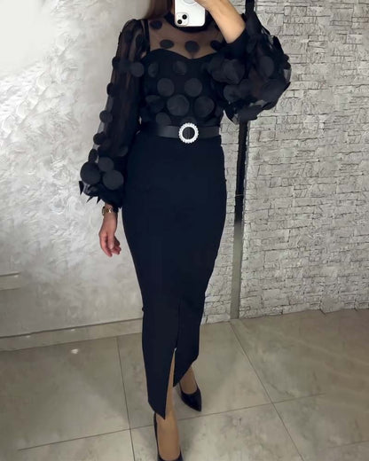 French-Style Lantern Sleeve Fitted Dress