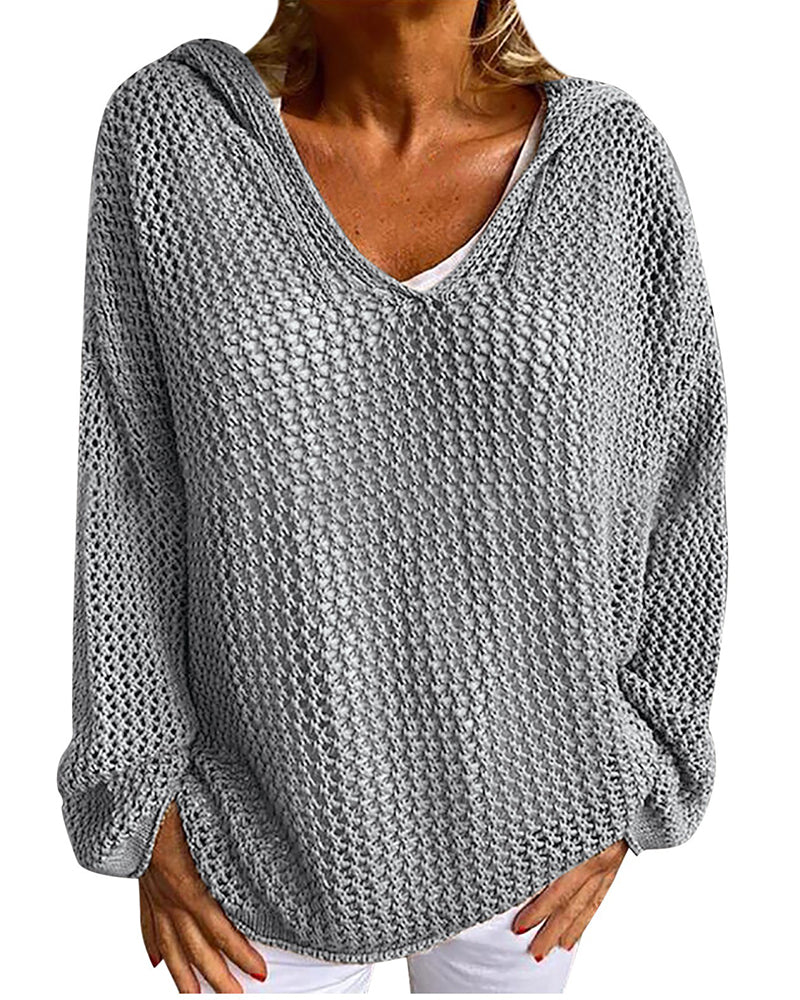 Dames Crochet Hollow Out Hooded Long Sleeve Tops