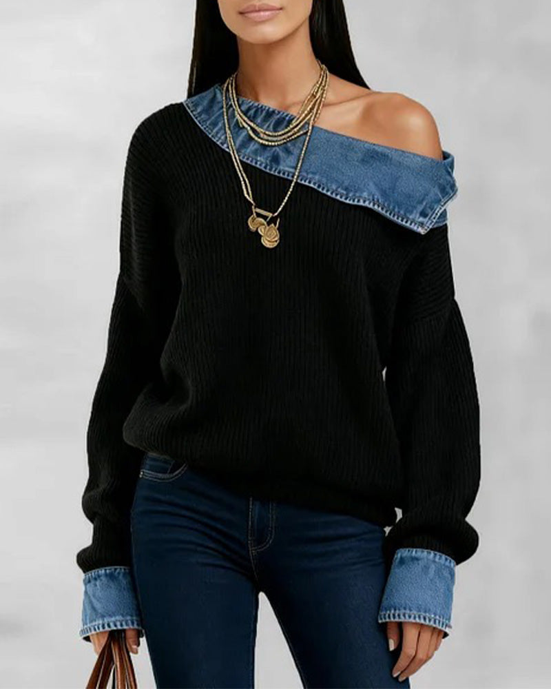 Off-Shoulder Denim Patchwork Top