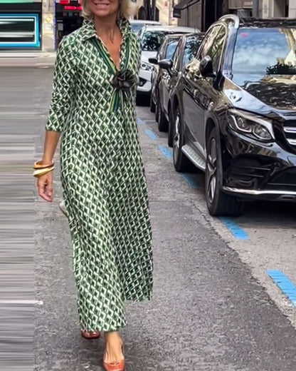 Elegant long dress with geometric print lapel casual dresses spring summer