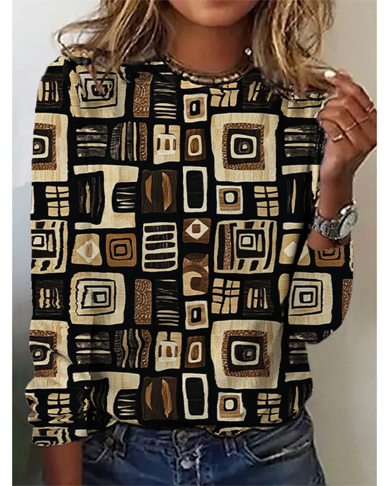 Contrast geometric print crew neck long sleeve top 2024 f/w blouses & shirts Western Style