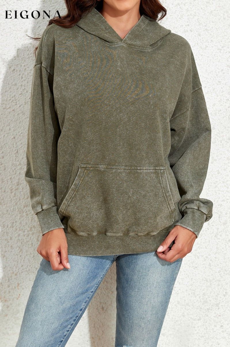 Sage Green Vintage Wash Kangaroo Pocket Hoodie clothes Color Green Craft Washed Occasion Daily Print Solid Color Season Fall & Autumn Style Casual sweat Sweater sweaters Sweatshirt