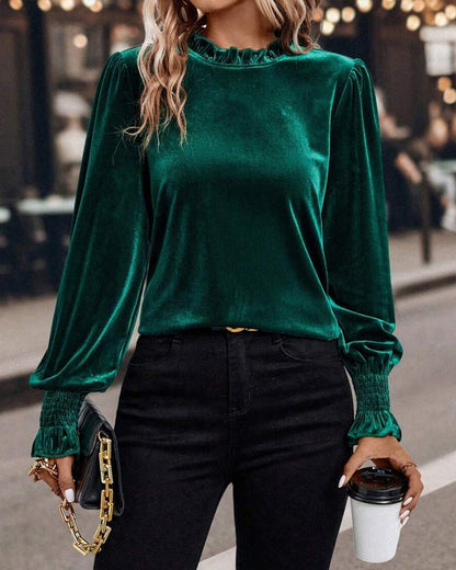 Ruffled Velvet Long Sleeve Top