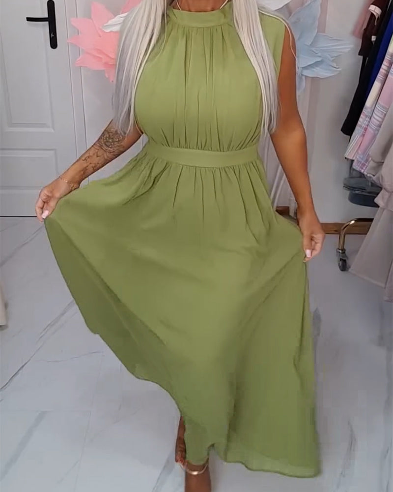 Solid-Color Sleeveless Waist-Cinching Maxi Dress