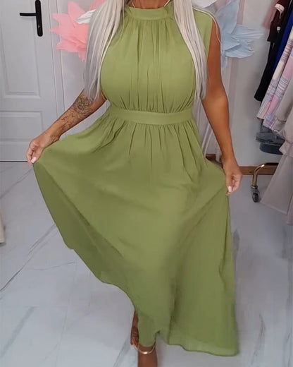 Solid-Color Sleeveless Waist-Cinching Maxi Dress