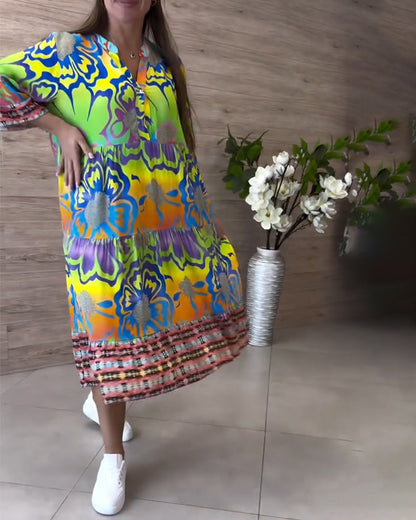 V-Neck Printed Casual Bohemian Dress