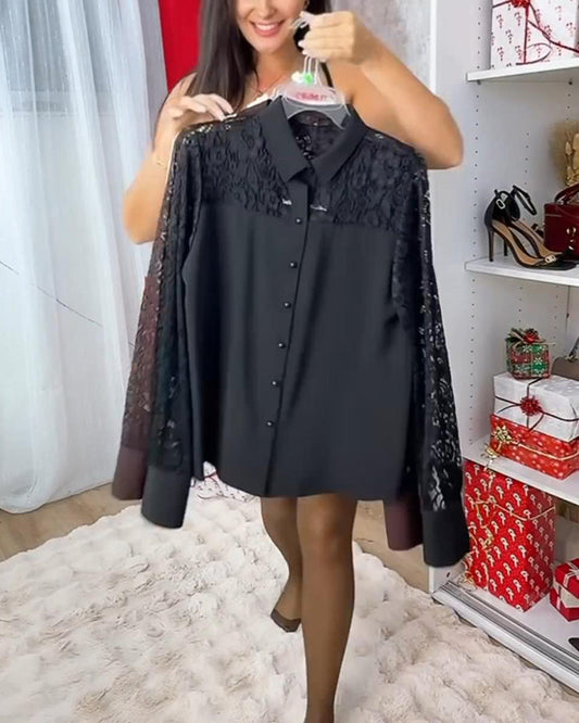 Elegant Lace Shirt with Turn-Down Collar