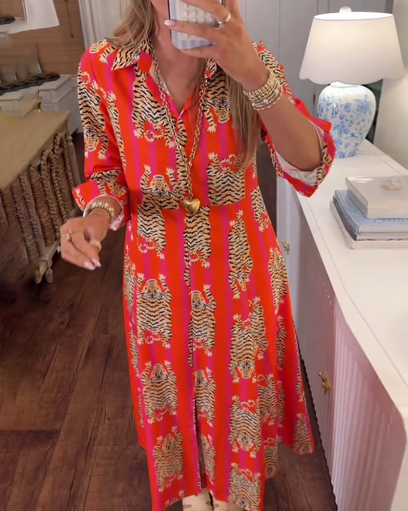 Long Sleeve Lapel Printed Maxi Dress