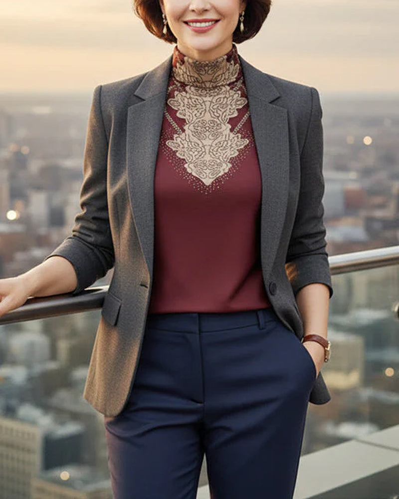 Elegant Printed Fitted Women's Stand Collar Top