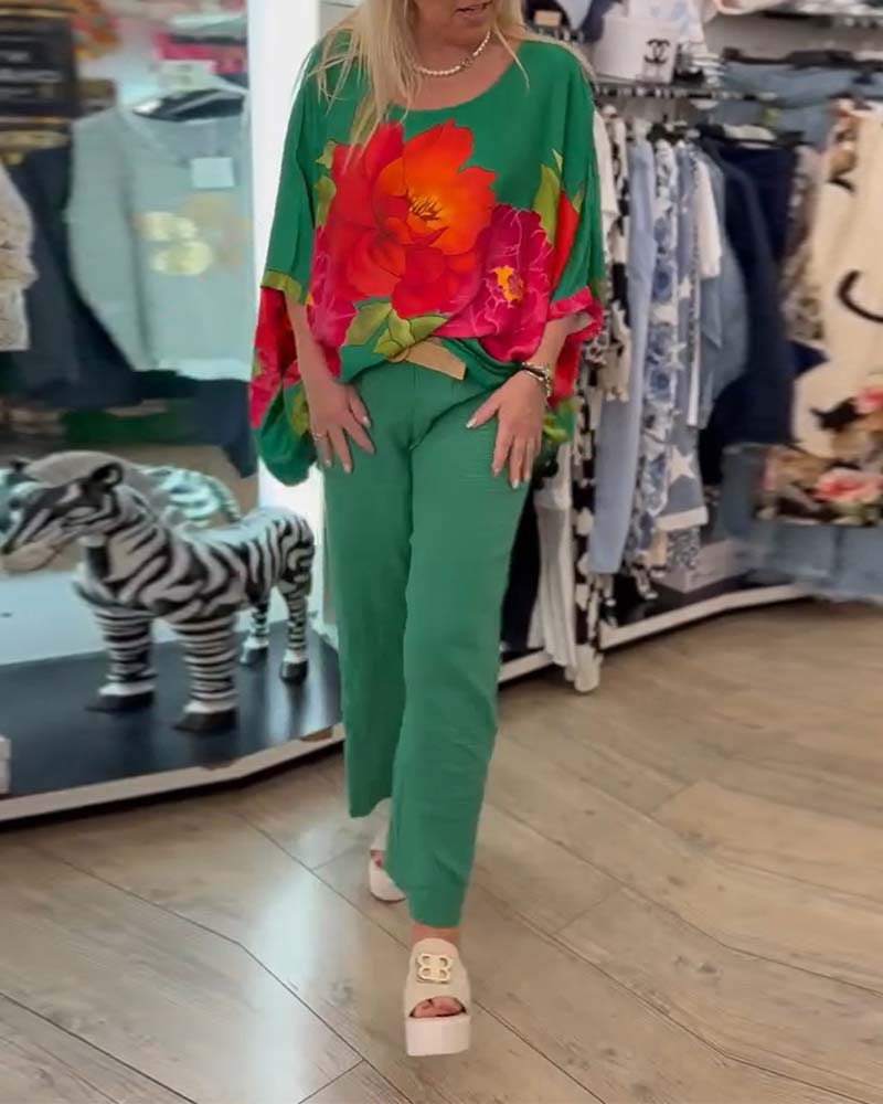 Bat-Sleeve Large Flower Print Blouse