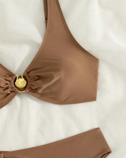 Sexy Solid Color Metal Button Bikini