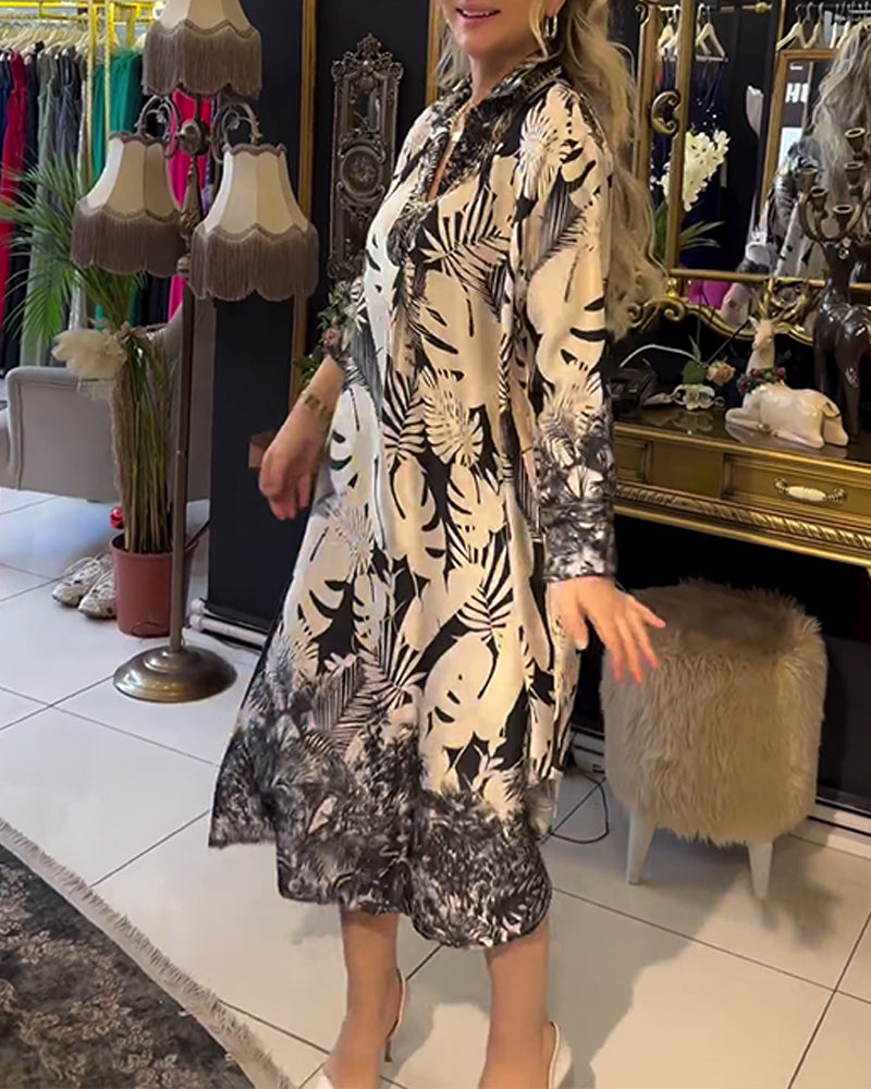 Leaf print lapel slit dress casual dresses spring summer