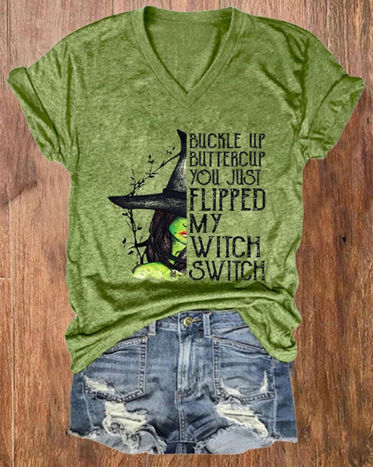 Women's Halloween Buckle Up Buttercup You Just Flipped My Witch Switch Casual Tee halloween t-shirts