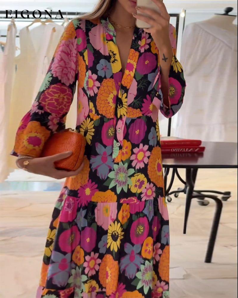 Floral print button V-neck long dress casual dresses spring summer vacation dresses