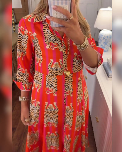 Long Sleeve Lapel Printed Maxi Dress