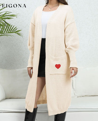 Lantern Sleeve Open Front Pocketed Cardigan with hearts cardigan cardigans clothes O & Y.M Ship From Overseas Sweater sweaters trend