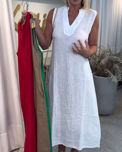 V-Neck French Cotton And Linen Sleeveless Dress