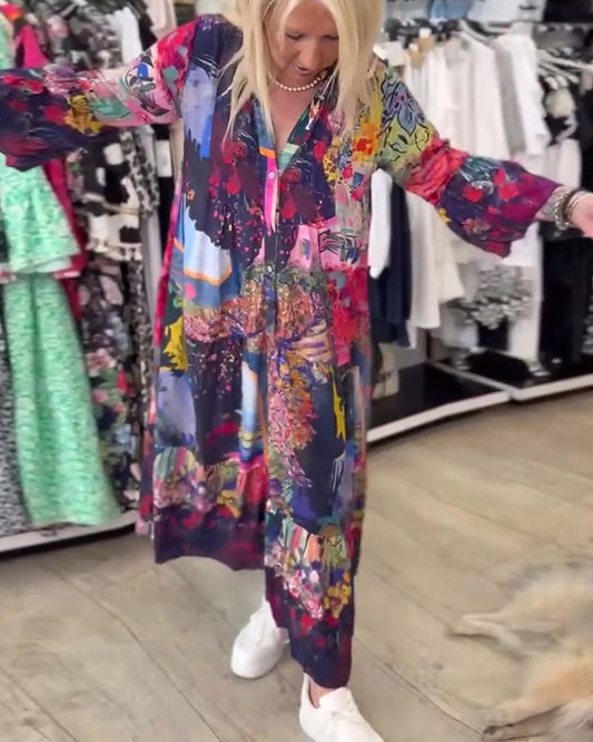 Trumpet Sleeve Loose Print Swing Dress