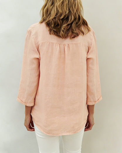 Solid Color Long-Sleeved V-Neck Blouse