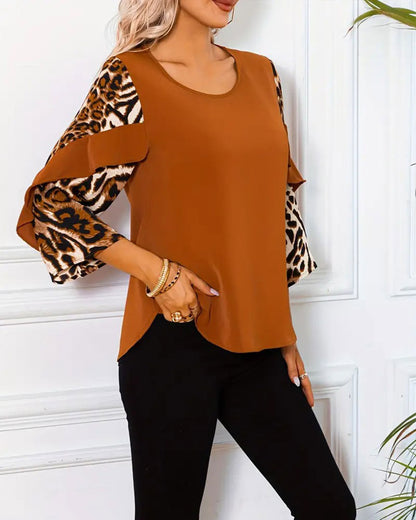 Round Neck Leopard Print Contrast Top
