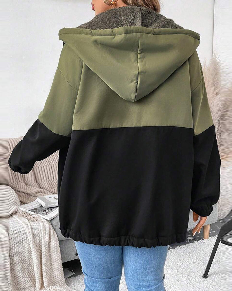 Fleece Lined Color Block Zip-Up Coat