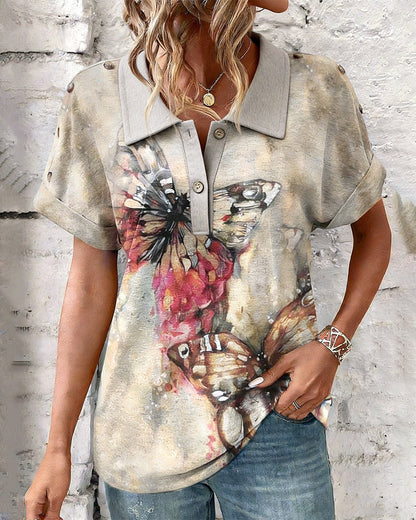 Butterfly Print Lapel Short Sleeve Shirt