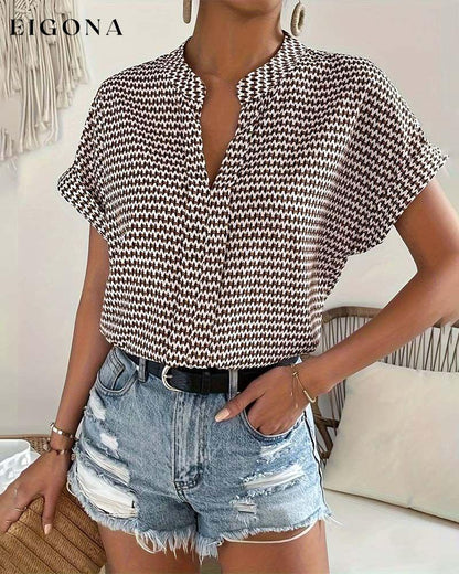 Houndstooth print v-neck elegant short sleeve top blouses & shirts summer