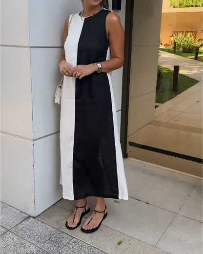 Abito senza maniche in cotone e lino color block