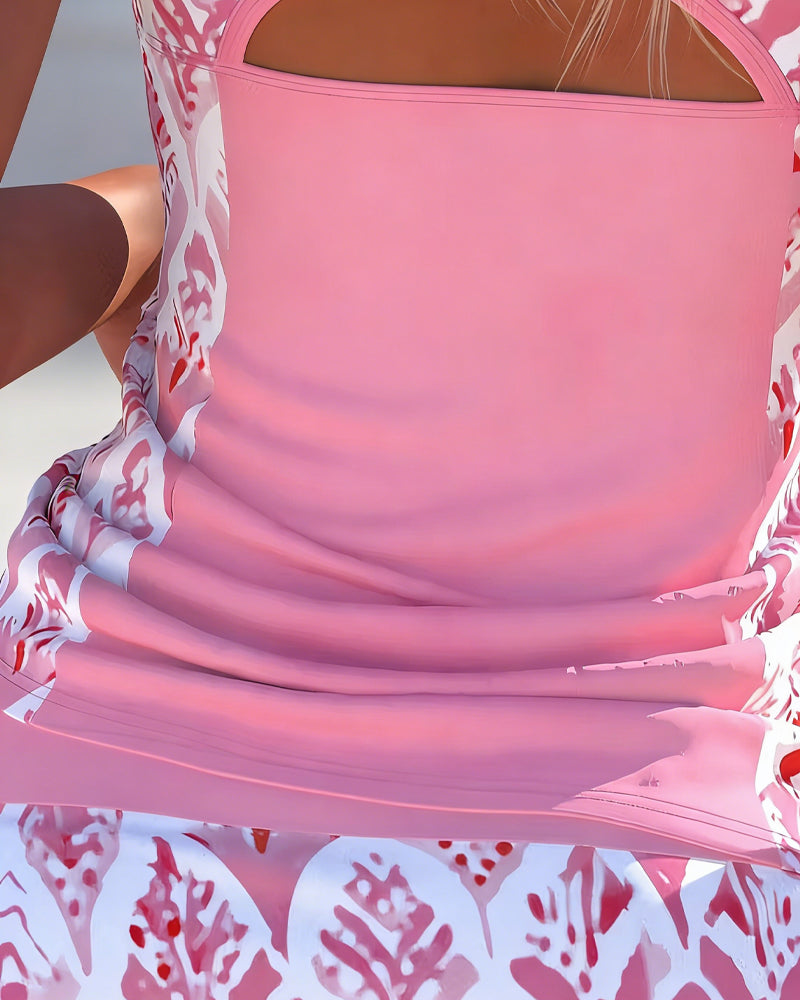 Sport Contrast Color Printed Skirted Tankini