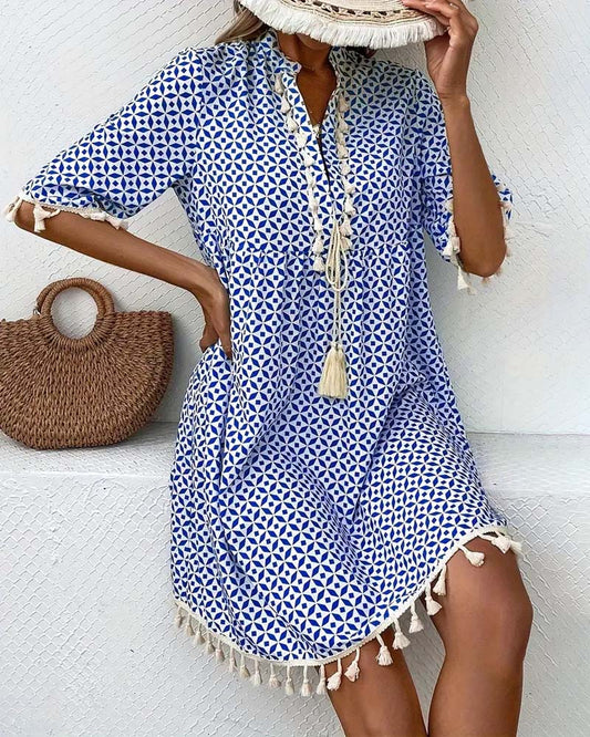 V-neck tassel print dress casual dresses summer