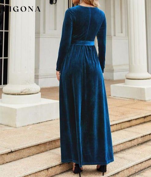 Tie Front Round Neck Long Sleeve Maxi Dress A@Y@Y clothes Ship From Overseas