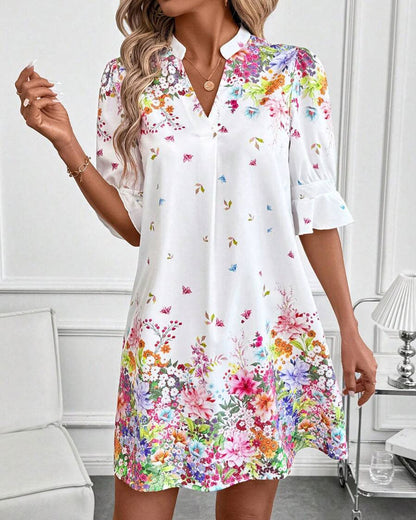 V-Neck Puff Sleeve Printed Dress