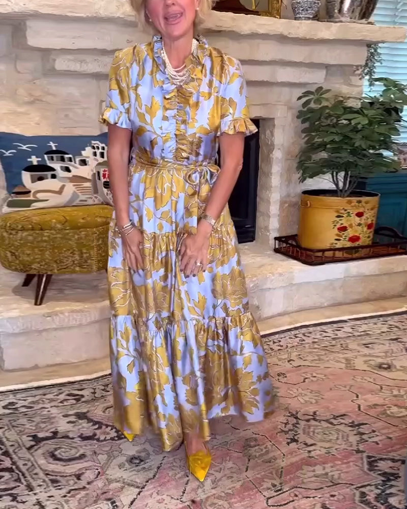 Abito lungo stampato a maniche corte con volant