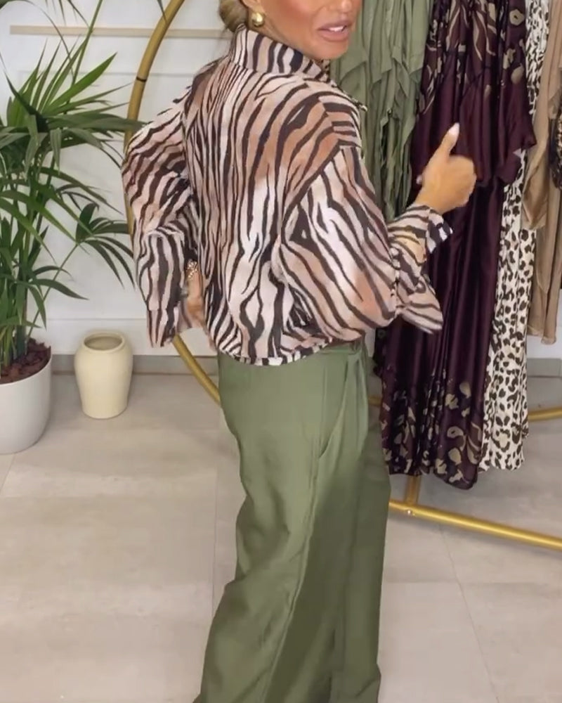 Casual zebra print lapel slit sleeve shirt 2024 f/w blouses & shirts spring