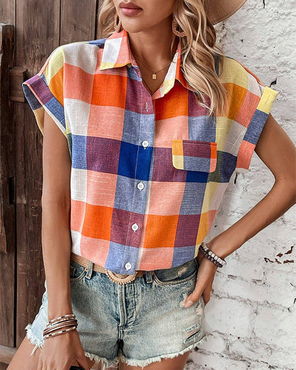 Colorful plaid print casual short-sleeved shirt blouses & shirts summer