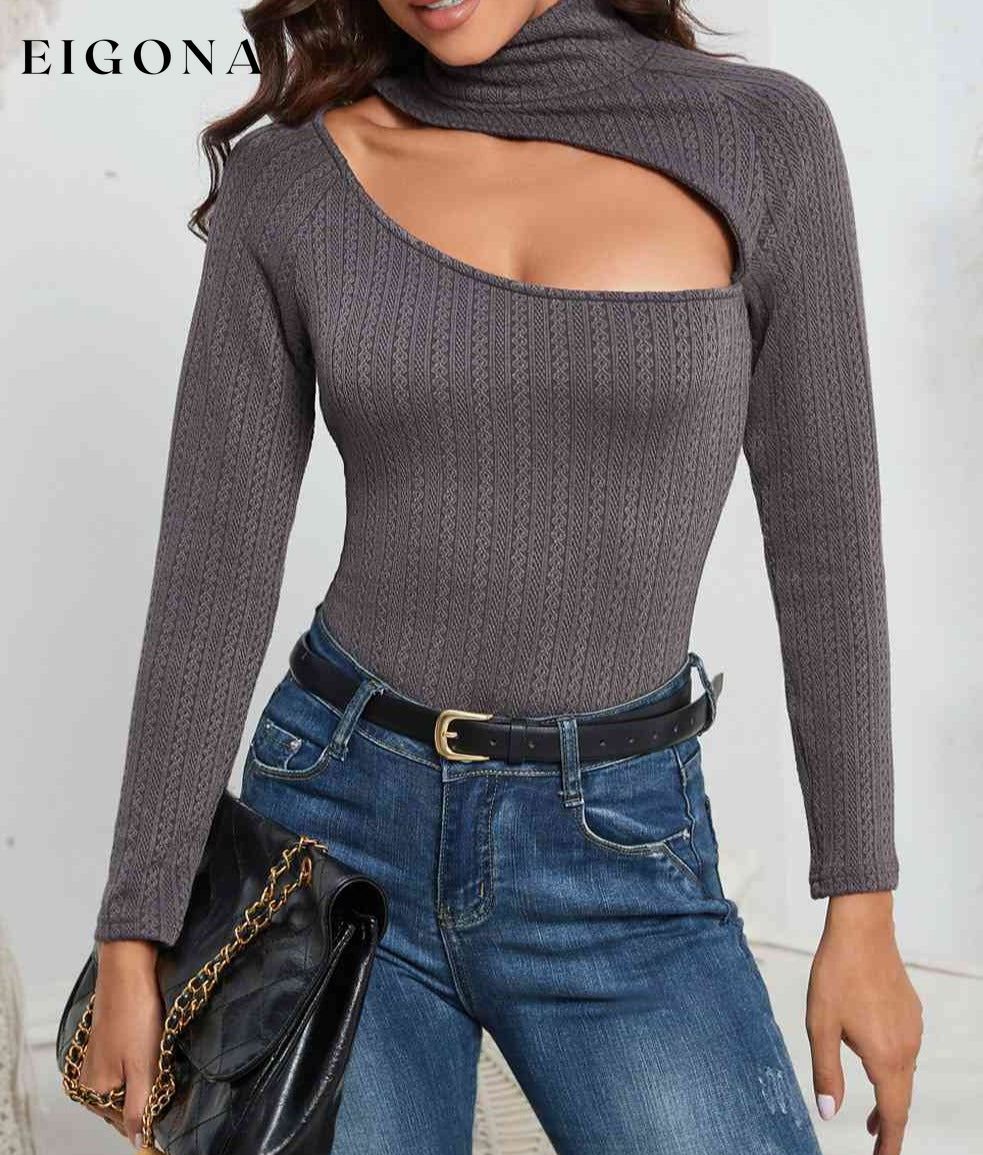 Cutout Mock Neck Long Sleeve Bodysuit Charcoal clothes Ship From Overseas SYNZ