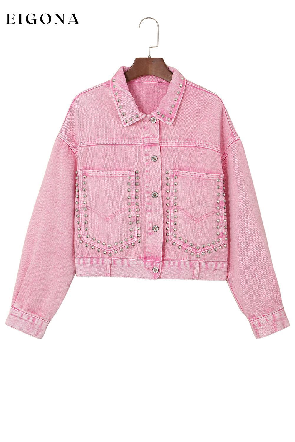 Pink Rivet Studded Pocketed Pink Denim Jacket All In Stock Category Shacket clothes Color Pink Craft Rhinestone Day Valentine's Day Fabric Denim Jackets & Coats Occasion Daily Print Solid Color Season Winter
