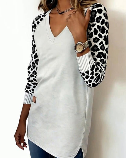 Mid-Length V-Neck Leopard Print Sweatshirt