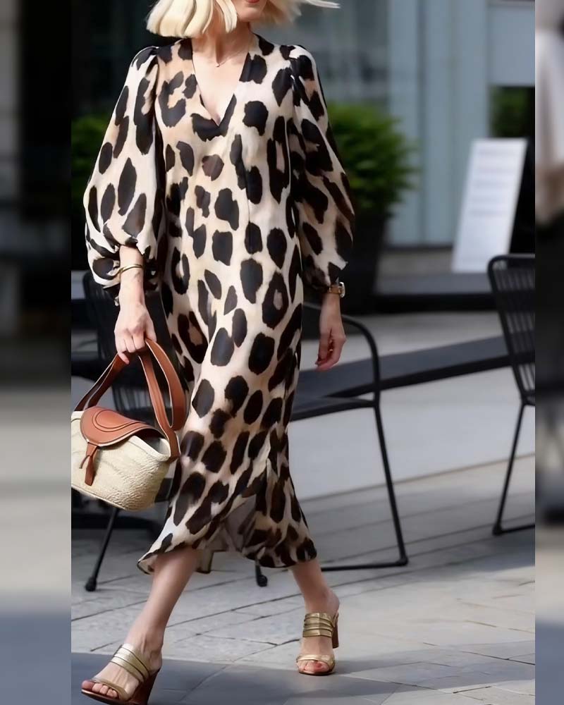 Lantern Sleeve V-Neck Leopard Print Dress