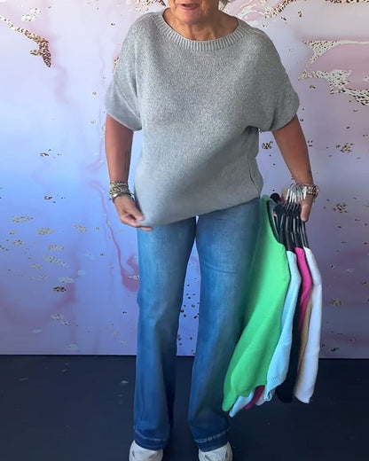 Casual loose solid color round neck pullover